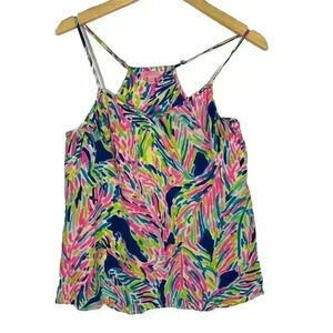 Lilly Pulitzer Silk Dusk Tank Top Indigo Palm Print Pink Blue Small